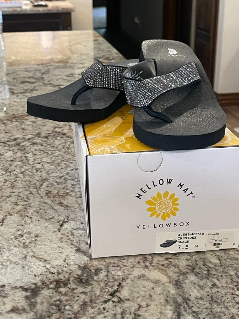Yellow Box Black Sparkle Wedge Thong Sandals - Picture 1 of 3